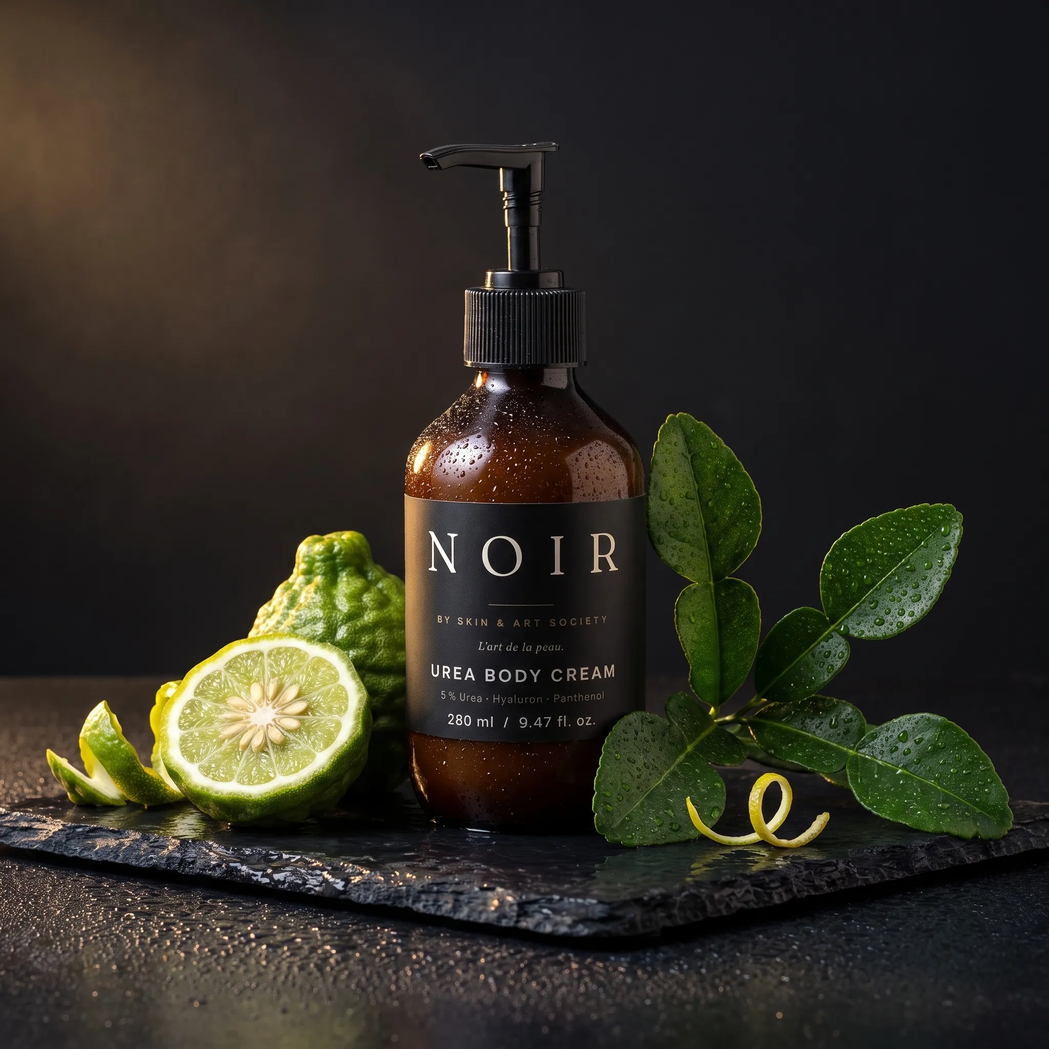 NOIR Urea Body Cream — Flasche auf dunklem Schiefer mit Bergamotte